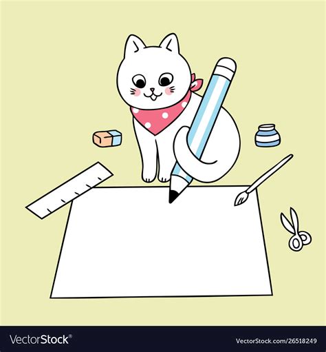 Cartoon Cute Back To School Cat Writing Paper Vect