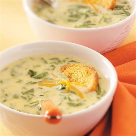 Written recipe for cream of spinach soup prep time: Cream of Spinach Cheese Soup Recipe | Taste of Home