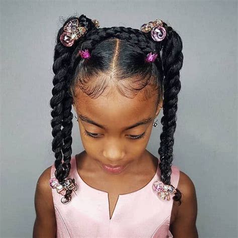 Black Hair Braided In Two Ponytails Pink Dress Cute Hairstyles For