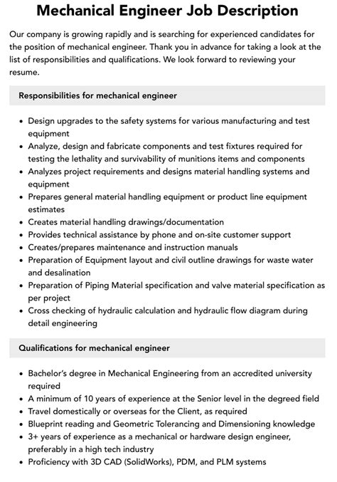 Mechanical Engineer Job Description Velvet Jobs