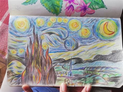 How to draw landscape of starry night, step by step. Starry night drawing in 2020 | Starry night van gogh, Van ...