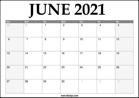 2021 June Calendar Printable Download Free