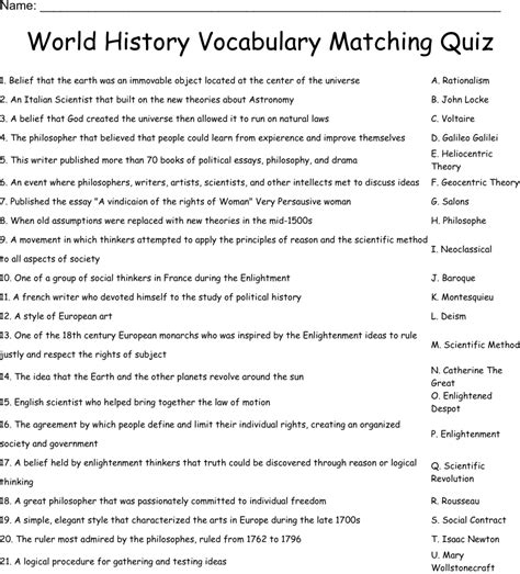 World History Vocabulary Matching Quiz Worksheet Wordmint