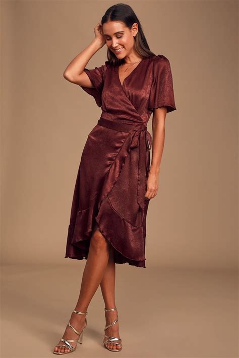 Dark Burgundy Dress Satin Dress Satin Wrap Dress Midi Dress Lulus