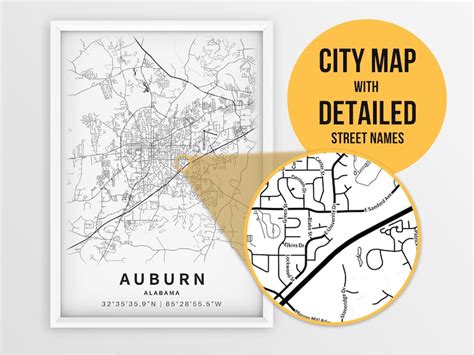 Printable Map Of Auburn Alabama Al United States With Street Etsy