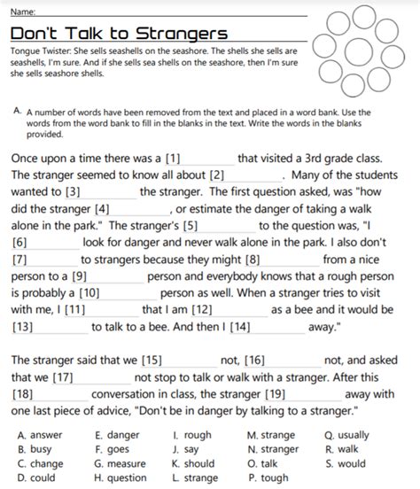 Dont Talk To Strangers Cloze Reading Worksheet Educational Resource