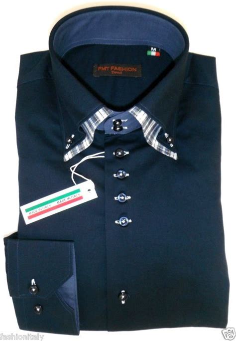 Mens Italian Dress Shirt Blue Double Collar Made In Italy Elegant