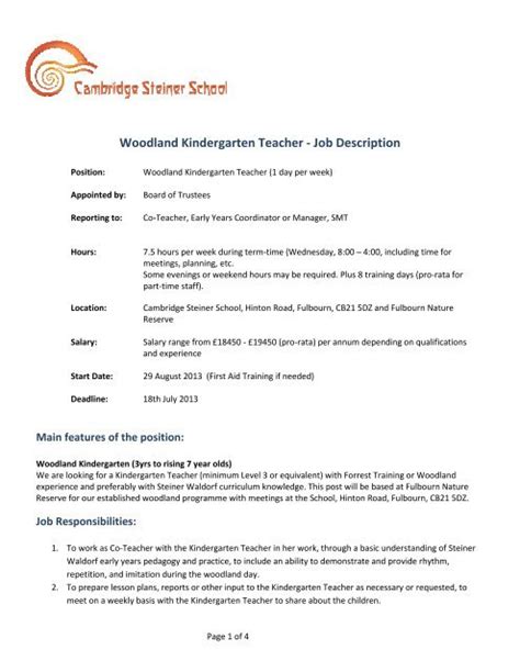Woodland Kindergarten Teacher Job Description