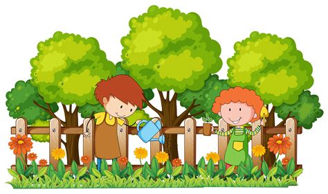 Glückliche Kinder, die Anlagen im Garten wässern - Download Kostenlos