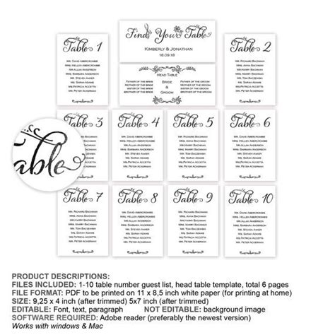 Table Seating Chart Guest Name List Wedding Table Number Template Diy