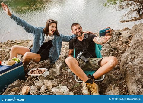 Couple In Love Camping Lake Hike Food For Hike And Camping Stock Photo