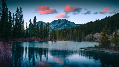 Download Mount Lorette Pond Mountains Sunset Nature 1366x768