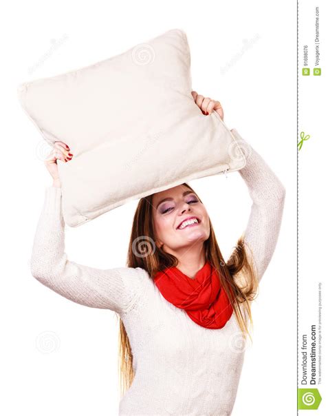 Smiling Woman With Pillow Stock Photo Image Of Pillow 91698076