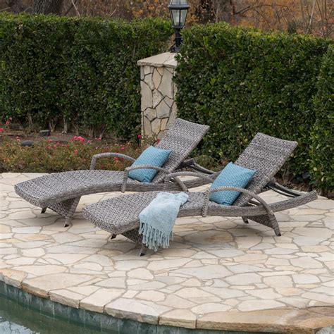 Crete Outdoor Armed Aluminum Framed Grey Wicker Chaise Lounge Set Of 2