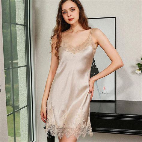 19 Momme Womens Silk Nightgown With Lace Ladies Classic V Neck With L