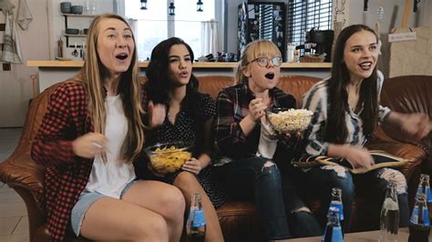 Beautiful Girlfriends Watch Tv Celebrate Success Young Pretty Emotional