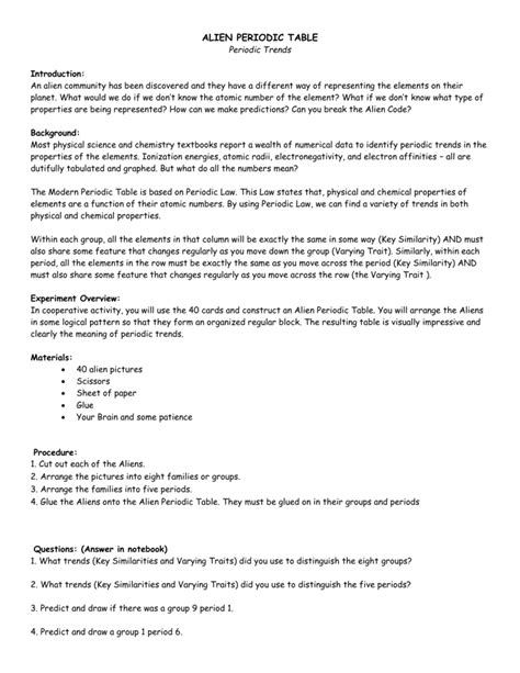 In the mean time we talk related with alien periodic table worksheet answer key, scroll the page to. ALIEN PERIODIC TABLE Periodic Trends Introduction: An alien
