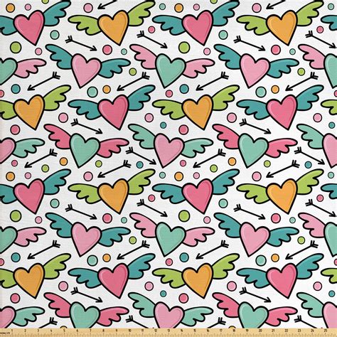 Cartoon Fabric By The Yard Colorful Hearts With Wings And Polka Dots