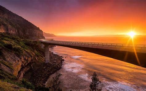 Sea Cliff Bridge Nsw Australia Sunset Mountains Sea Red Sky