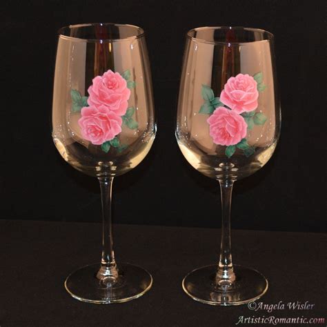 Elegant Pink Roses Pair Of Wineglasses Hand Painted Stemware 18 5 Ounce Products Painted