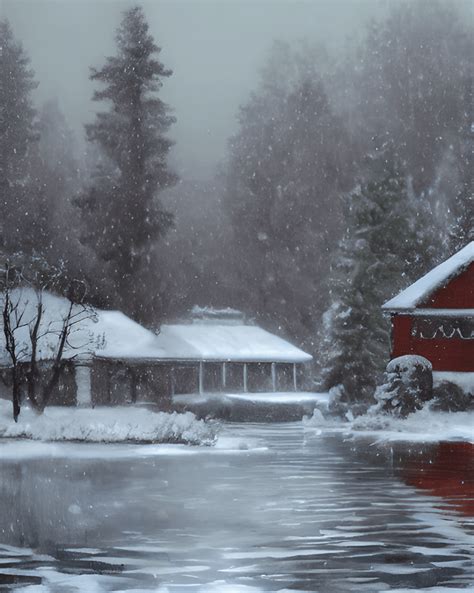 Beautiful Winter Lake Scene With Softly Falling Snow · Creative Fabrica