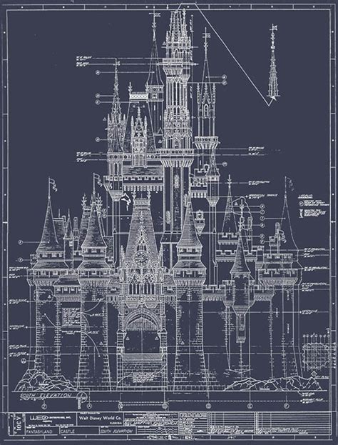 Walt Disney World Cinderella Castle Colored Blueprint Etsy