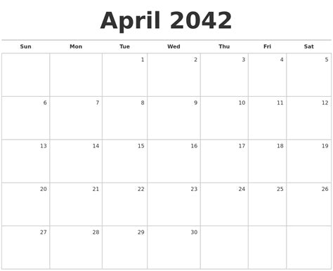 April 2042 Blank Monthly Calendar
