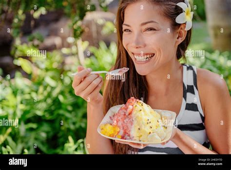 Shaved Ice Hawaiian Local Frozen Food Treat Asian Happy Woman Eating