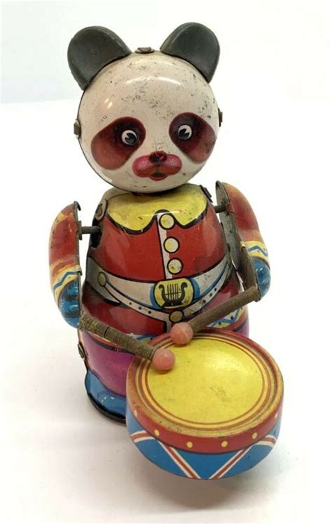 Vtg Tin Toy Litho Bear Wind Up Drummer Bear No Key Tin Toys Vintage