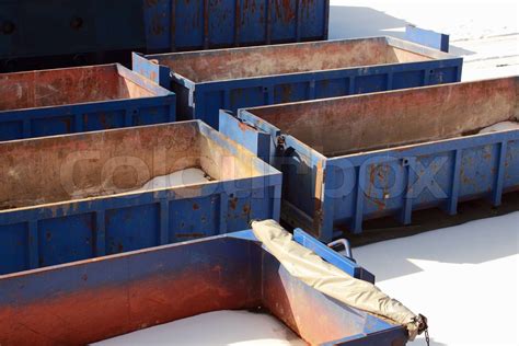 Collection Of Empty Blue Containers In Winter Stock Image Colourbox