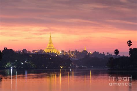 Shwedagon Pagoda At Sunset As Seen From Kandawgyi Lake Yangon