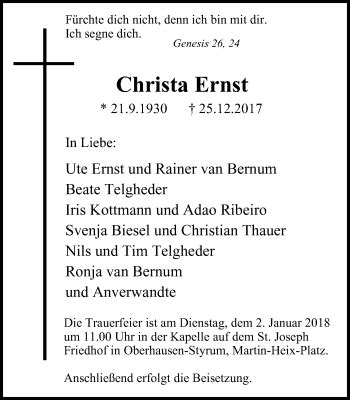 Traueranzeigen Von Christa Ernst Trauer In NRW De