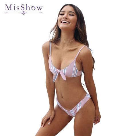 Misshow Straps Bikini Pink Striped Printed Swimwears Female Swimsuits Bikinis Set Swimsuit