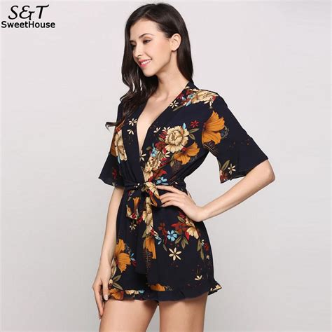 Fanala Sexy Bodysuit For Woman V Neck Printed Floral Rompers With Belt