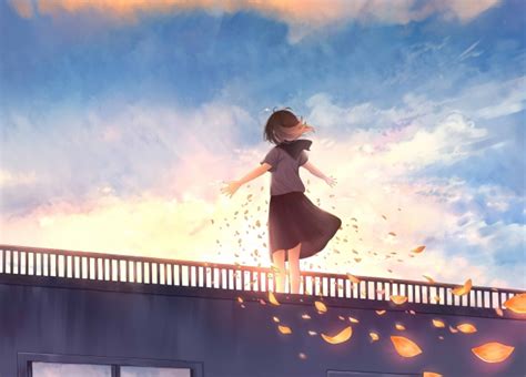 Wallpaper Anime Girl School Uniform Petals Windy Clouds Back View
