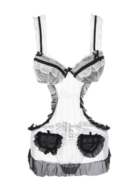 Sexy Maid Costume Lace Ruffles Bows Nightwear Sexy Lingerie With