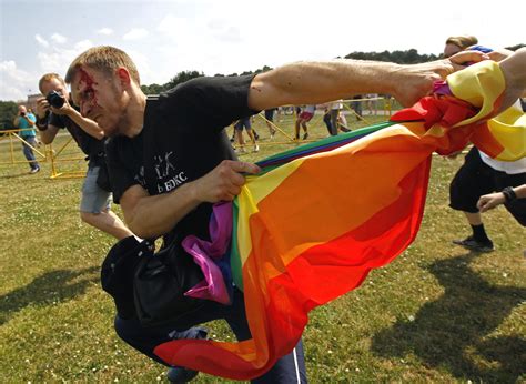 An Anti Gay Protester Clashes With Gay Rights Activists During A Gay Pride Event In St
