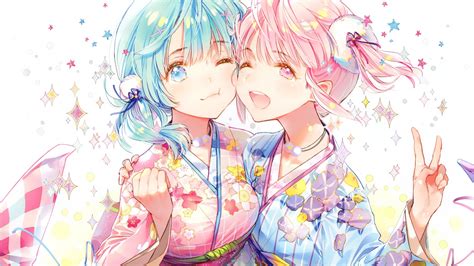 Download 1920x1080 Anime Girls Friends Kimono Cute Smiling Pink
