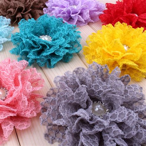 50pcs lot 4 14colors handmade tulle lace flower with pearl buttons for hair accessories