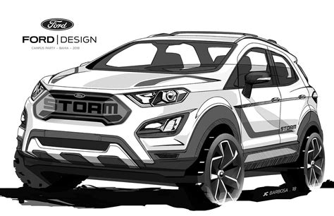 The Front View Of A White Ford Suv With Black And White Graphics On It