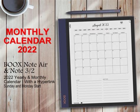Boox Note Air Templates 2022 Yearly And Monthly Calendar Etsy India