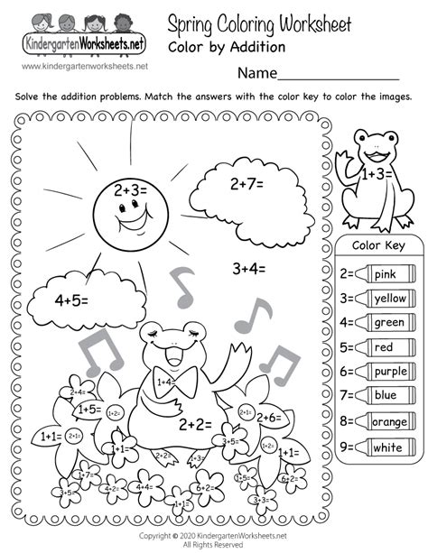 Free Printable Spring Color by Addition Worksheet for Kindergarten