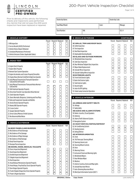 200 Point Vehicle Inspection Checklist Template Lincoln Fill Out