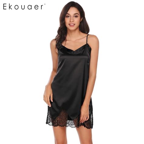 Ekouaer Sexy Satin Sleepwear Women Spaghetti Strap V Neck Nightwear Summer Lace Patchwork
