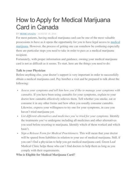 There are multiple ways to get a medical marijuana card california, and over time it's become even easier. PPT - How to Apply for Medical Marijuana Card in Canada ...