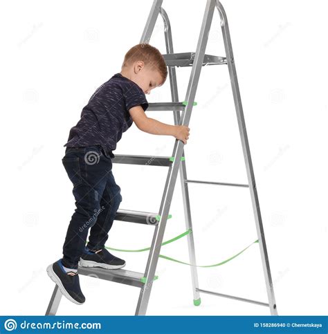 Little Child Climbing Up Ladder On Background Danger At Home Stock