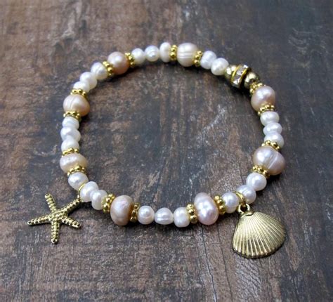 Beachy Freshwater Pearl Gold Charm Stretch Bracelet Shell