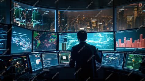 Premium Ai Image A Man Standing In Front Of Multiple Computer Monitors