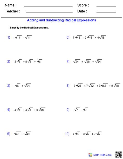 Adding And Subtracting Square Roots Worksheet