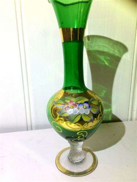 Vintage Green Venetian Murano Glass Vase Hand Painted Gilded In Murano Glass Vase